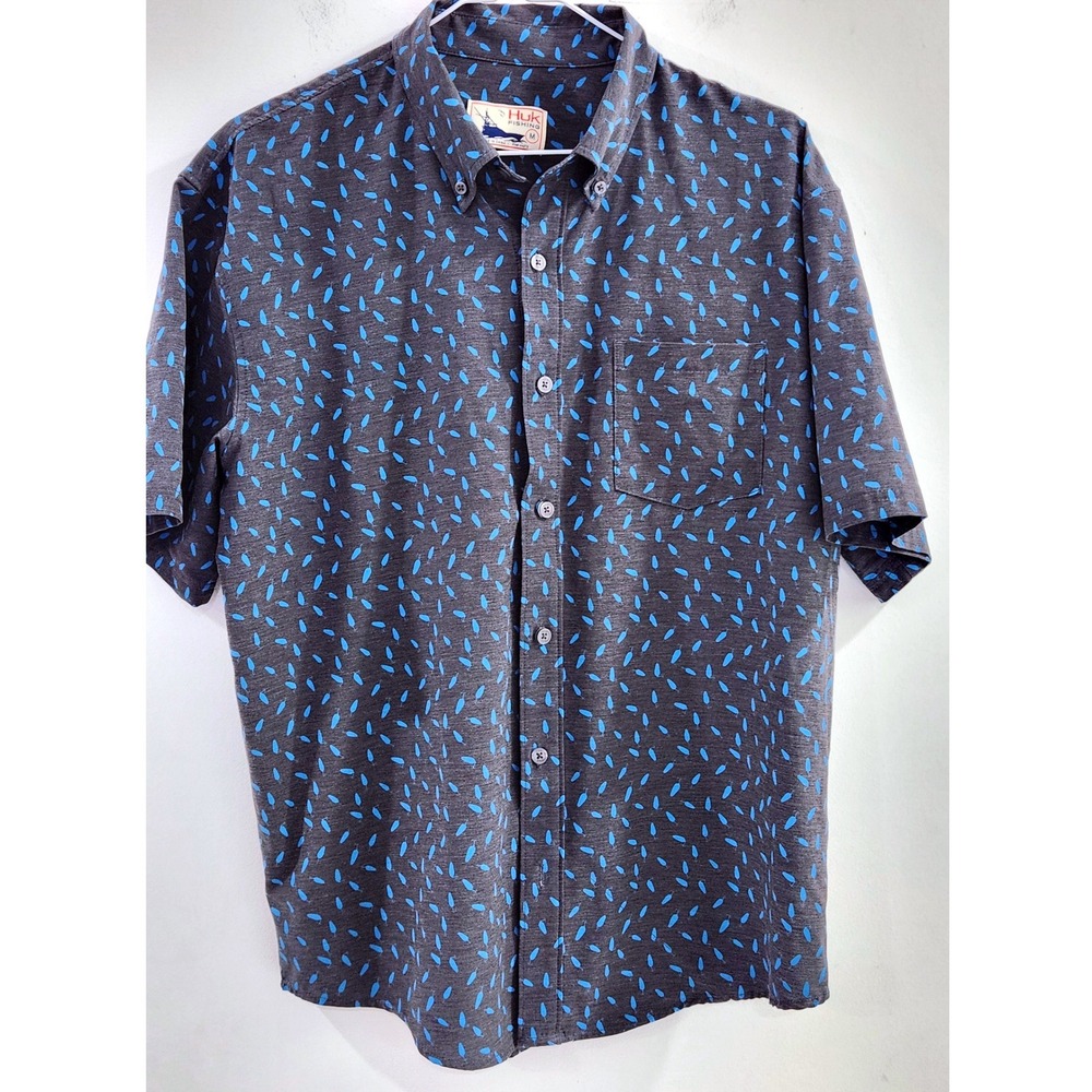 Huk Fishing Mens Medium Gray Blue Lure Print Short Sleeve Button Down Shirt M